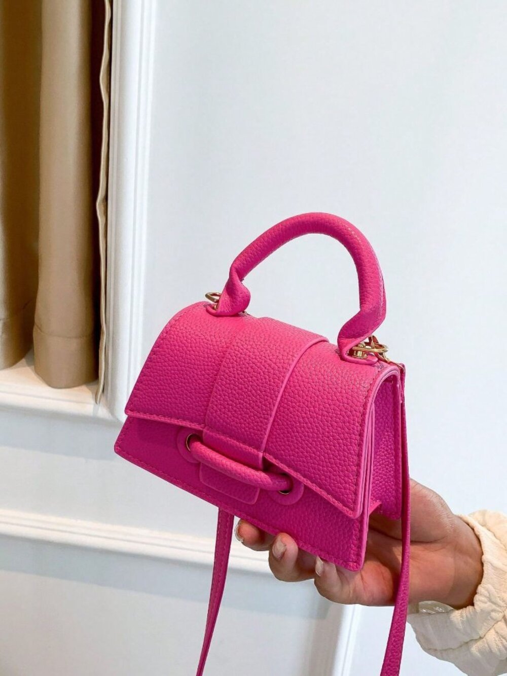 Hot Pink Checkered Women's Crossbody Bag with Adjustable Strap - Picture 3 of 6